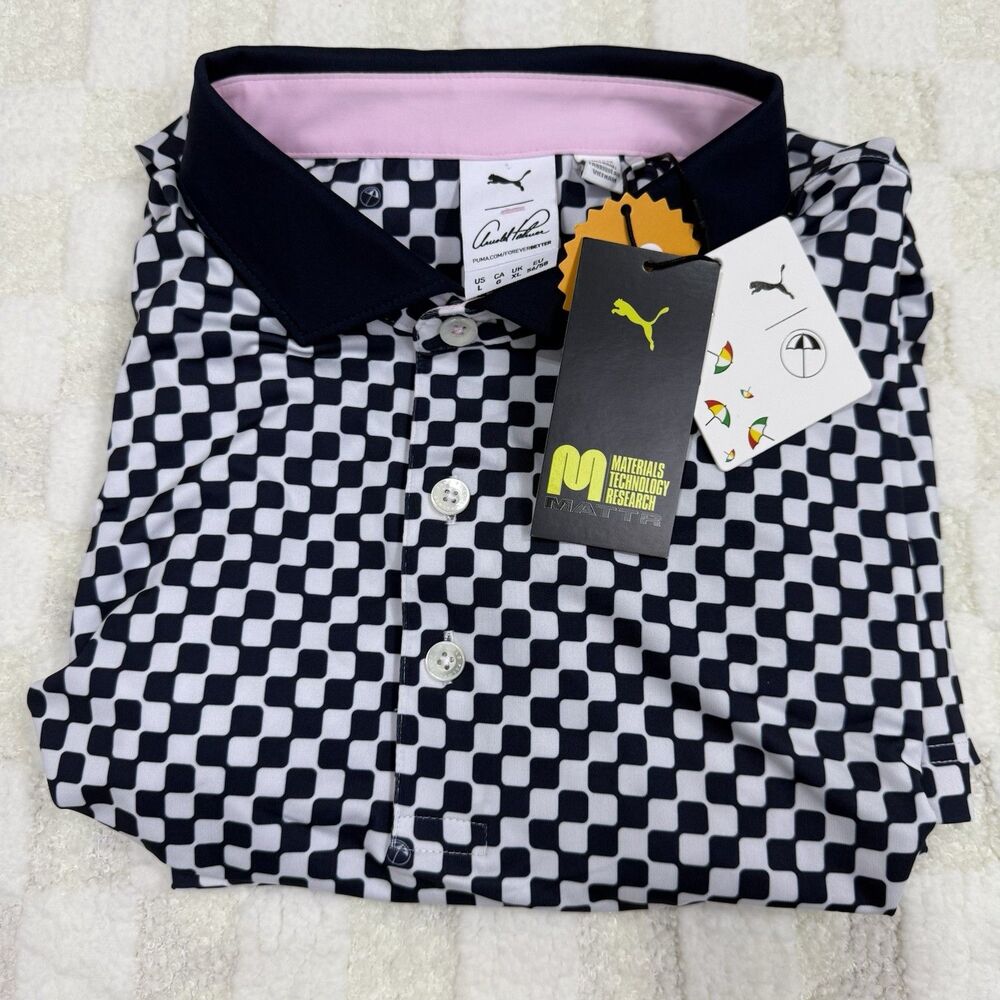 PUMA Golf Arnold Palmer AP Men’s Large Blue White Checkered Tour Golf Polo New